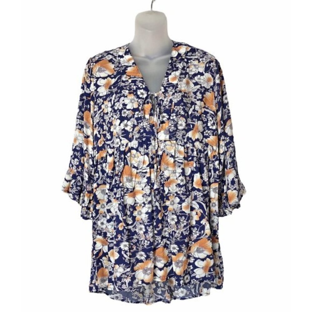 Boutique C&C Blue Floral Peasant Long Sleeve Tunic S